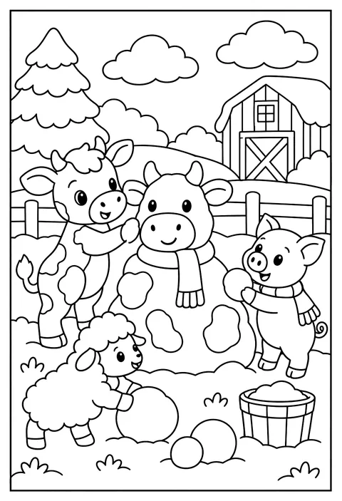 Farm animals in the snow building a snow cow coloring page