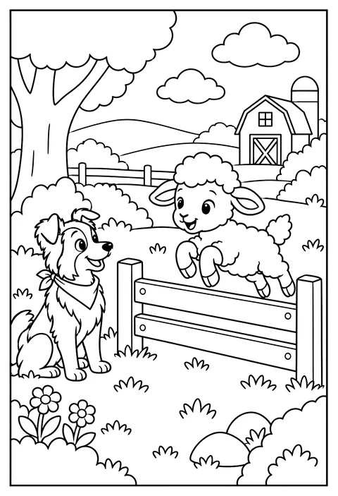 A lamb learning to jump a fence with a coach sheepdog coloring page