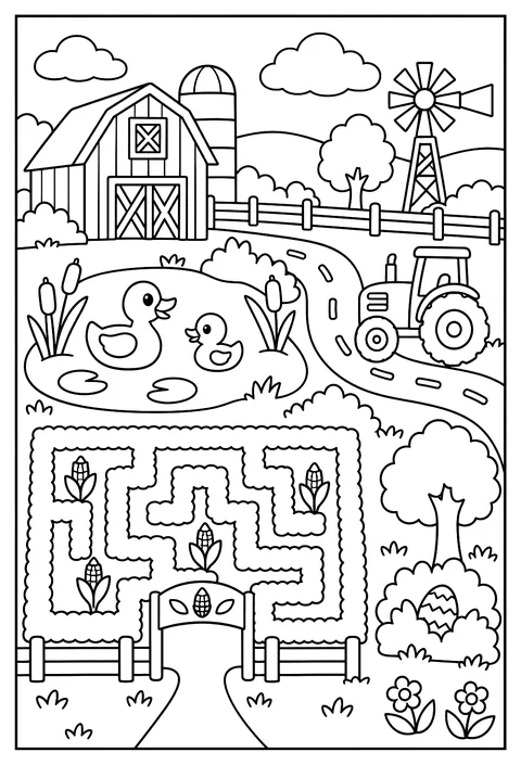 A map of Sunny Farm with a duck pond, a corn maze, a tractor road and a hidden egg coloring page