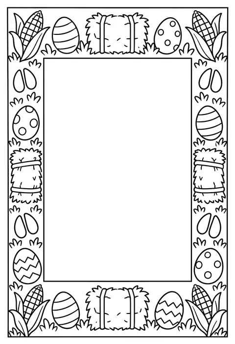 A page-border pattern of hay, eggs, hoof prints and corn around an empty frame coloring page