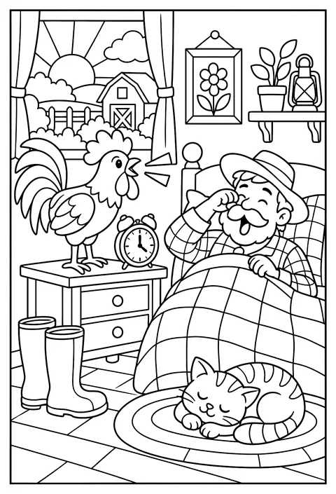 A rooster alarm clock waking a sleepy farmer coloring page