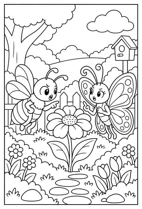 A bee and a butterfly arguing politely over the best flower coloring page