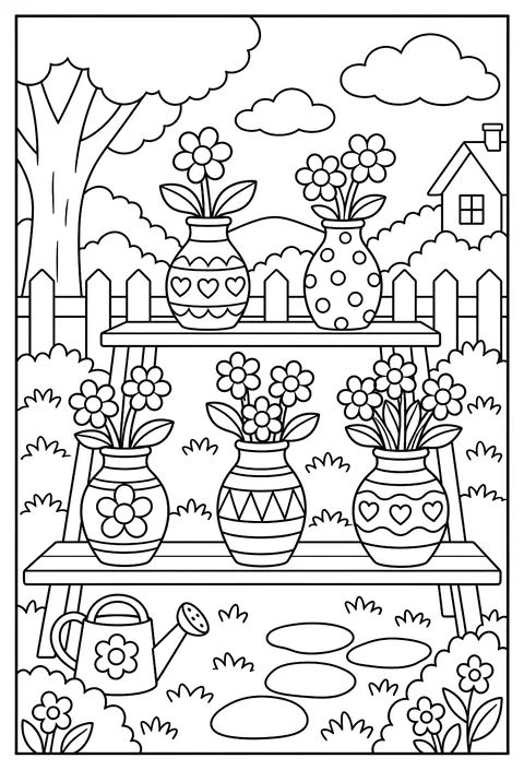 Count-and-color: five vases with 1 to 5 flowers coloring page
