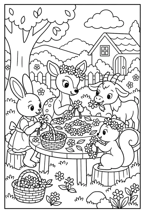 A flower crown workshop: kids weaving daisies while a goat eats one coloring page