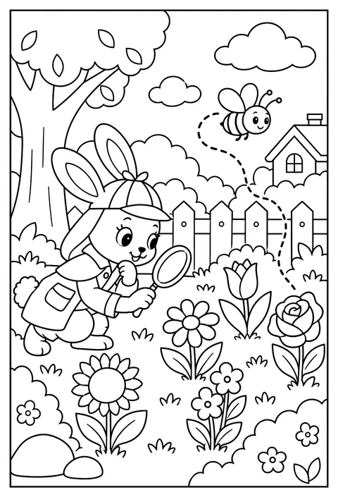 A flower detective finding which flower the bee visited coloring page