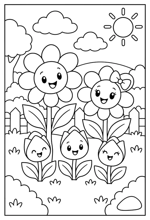 A family of flowers with faces: tall dad, mom, three small buds coloring page