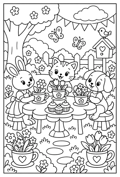 A flower garden party with teacups as flower pots coloring page
