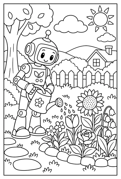 A gardener robot watering a row of very different flowers coloring page