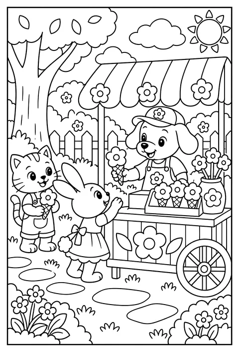 A flower ice-cream cart where scoops are flower shapes coloring page