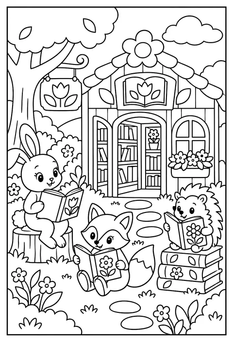 A flower library: books with petal covers coloring page
