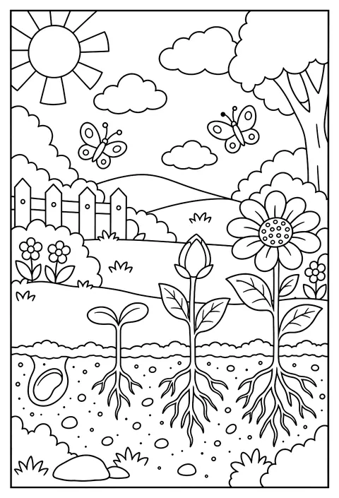 A flower life cycle coloring page