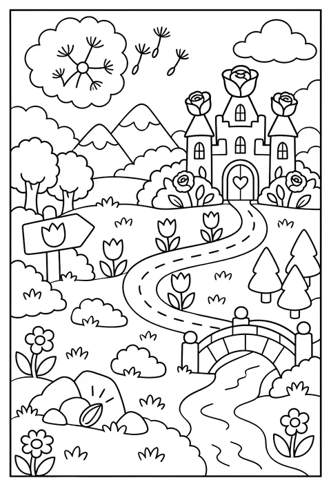 A map of Flower Valley with a rose castle, a tulip highway, a dandelion cloud and a hidden seed coloring page