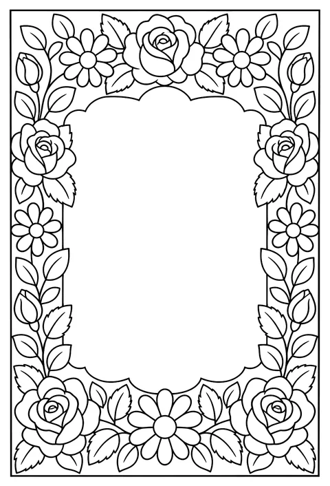 A page-border pattern of roses, daisies and leaves around an empty frame coloring page