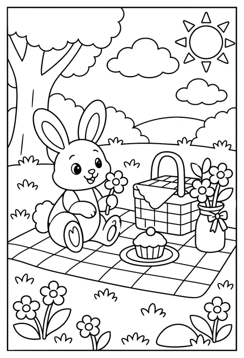 A flower picnic: blanket, basket, a bouquet in a jar, a bunny guest coloring page