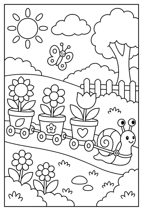A flower train: each car is a flower pot pulled by a snail coloring page