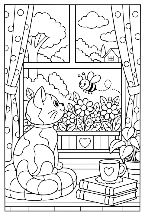 A window box seen from inside a room with a cat watching a bee coloring page