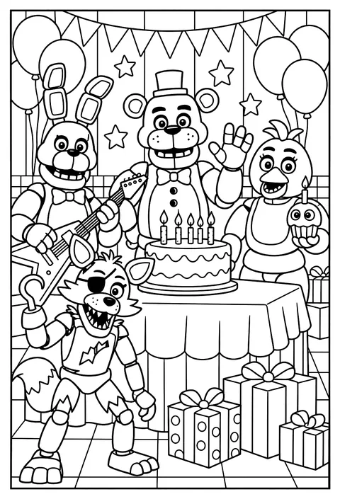 A birthday party table with a cake, balloons and party hats, Freddy waving beside it coloring page