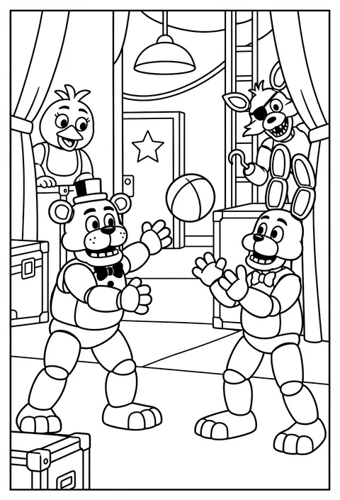Bonnie and Freddy playing catch with a ball backstage among curtains coloring page