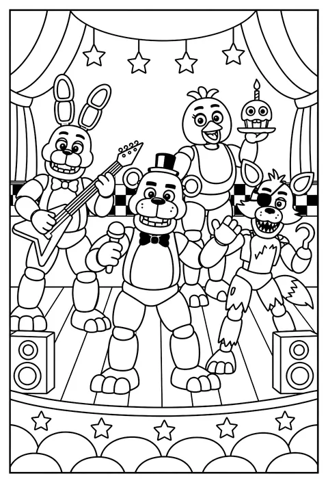 Bonnie playing his red guitar on stage next to Freddy coloring page
