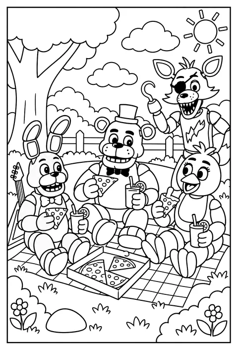 Chica and Bonnie having a picnic with pizza slices and glasses of lemonade coloring page