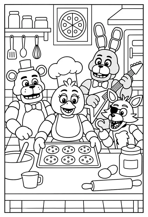 Chica baking cookies wearing a chef hat in the pizzeria kitchen coloring page