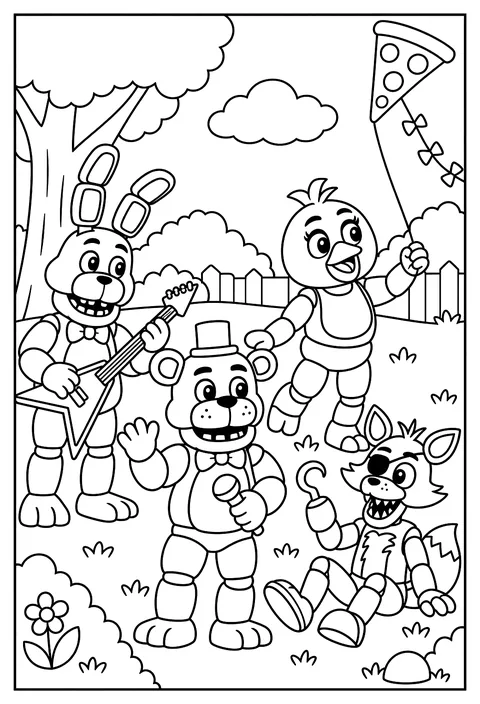 Chica flying a kite shaped like a pizza slice coloring page