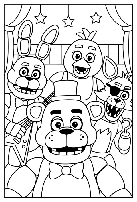 A close-up portrait of Freddy's face with his top hat and bow tie coloring page