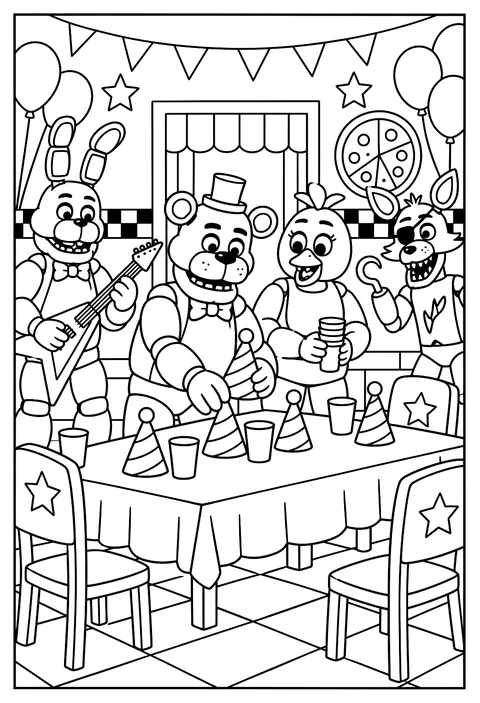 Freddy setting out party hats and cups on a long table for a celebration coloring page