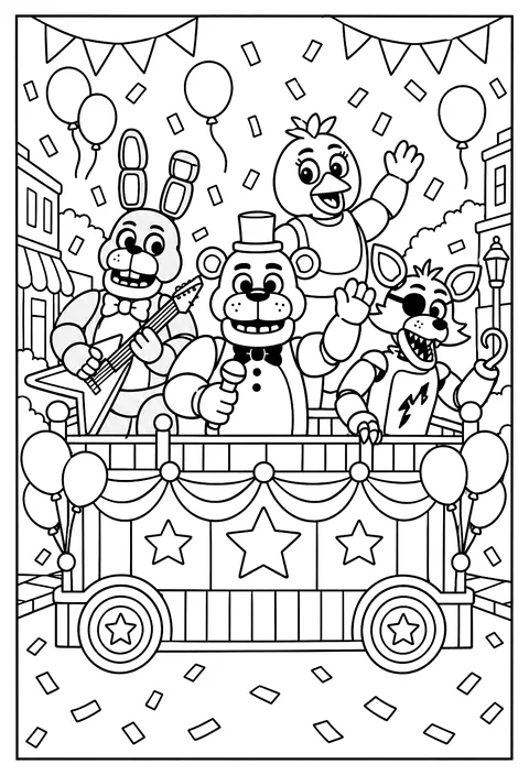 The four animatronics riding a parade float with confetti falling around them coloring page