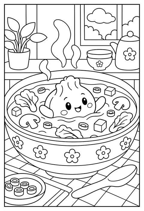 A baby dumpling learning to swim in soup coloring page