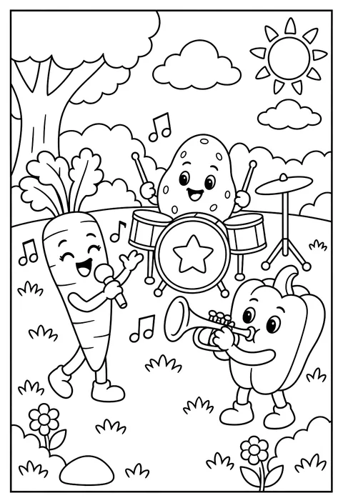 A food band: a singing carrot, a drumming potato, a trumpet pepper coloring page