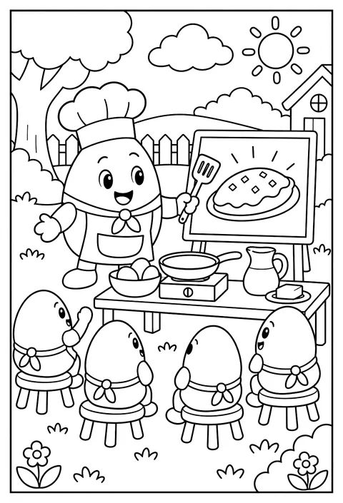A chef egg teaching a class of eggs to be omelets coloring page