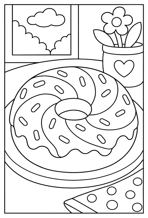 Close-up of a donut with icing drawn as a swirl pattern coloring page