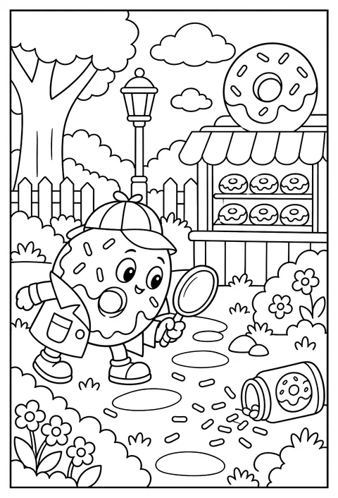 A detective donut finding the missing sprinkles coloring page