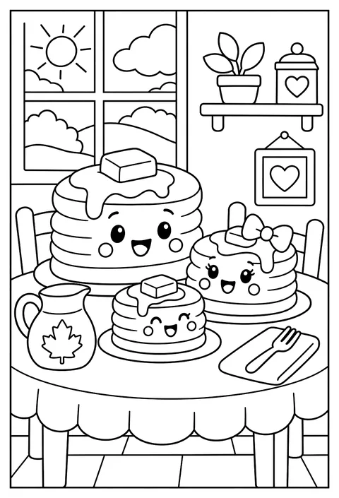 A family of pancakes stacked with a butter hat coloring page