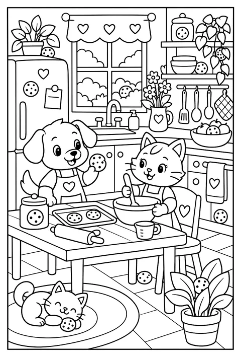 Hidden-object page: a kitchen with 12 hidden cookies coloring page