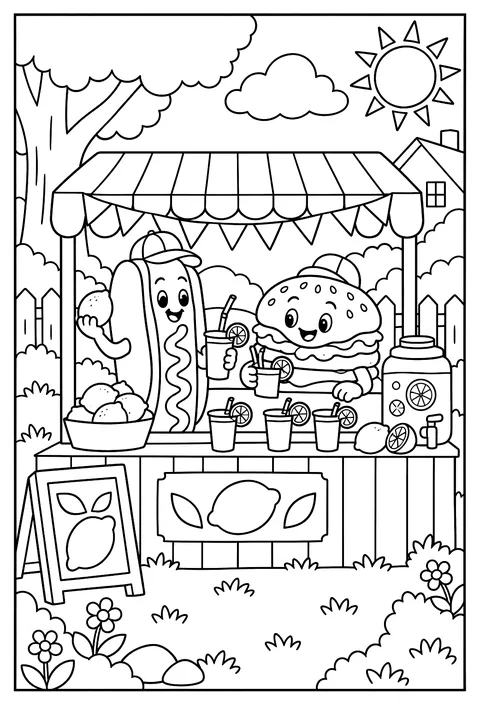 A hot dog and a hamburger running a lemonade stand coloring page