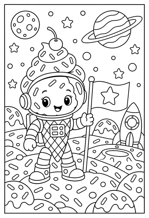 An ice-cream cone astronaut on a planet of sprinkles coloring page