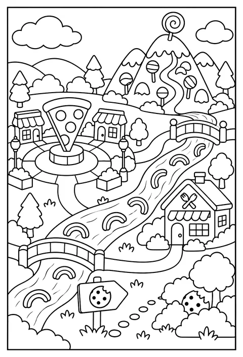 A map of Food Town with a pizza plaza, a noodle river, a candy mountain and a hidden cookie coloring page