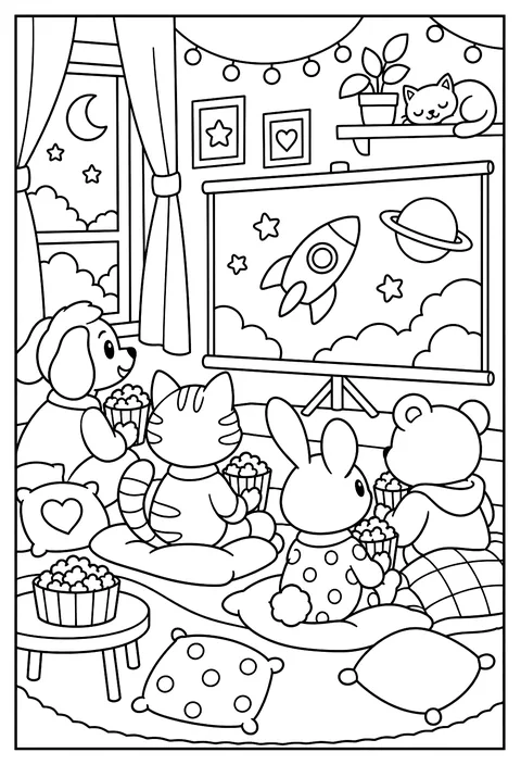 A movie night of popcorn watching a screen coloring page