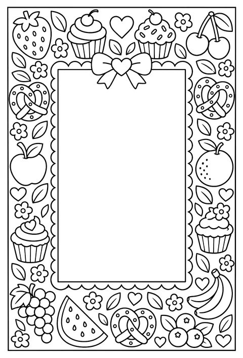 A page-border pattern of fruit, cupcakes and pretzels around an empty frame coloring page