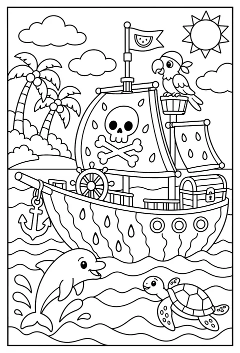 A pirate ship made of a watermelon coloring page