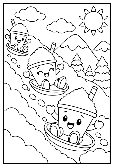 Snow cones sledding down a mountain of shaved ice coloring page