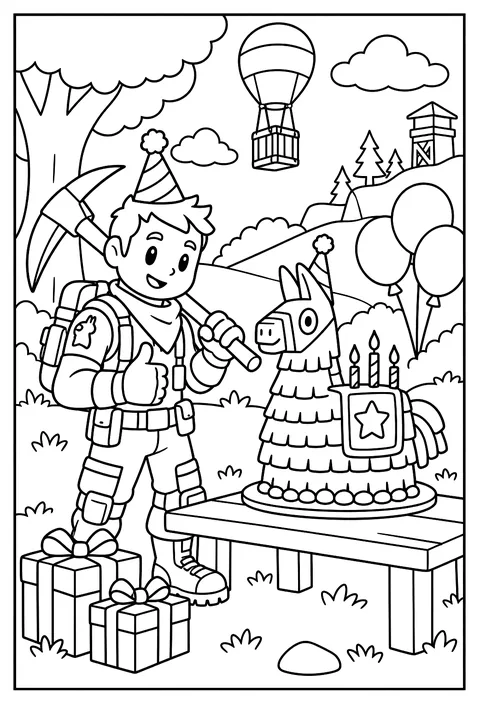 A Fortnite birthday scene with a cake shaped like a llama and party hats coloring page