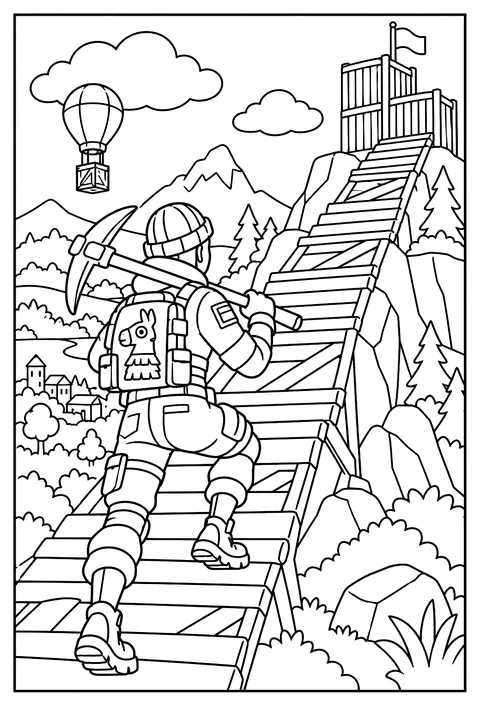 A Fortnite character building a staircase of ramps up a mountainside coloring page