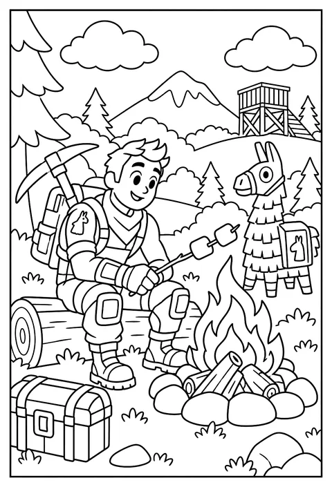 A Fortnite character camping by a campfire roasting marshmallows coloring page