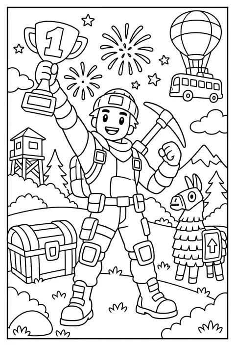 A Fortnite character celebrating a Victory Royale with fireworks and a number one trophy coloring page