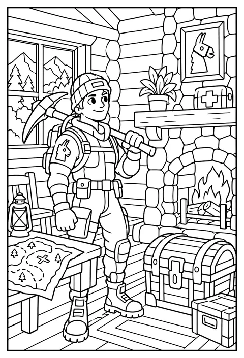 A Fortnite character exploring a cozy log cabin with a stone chimney coloring page