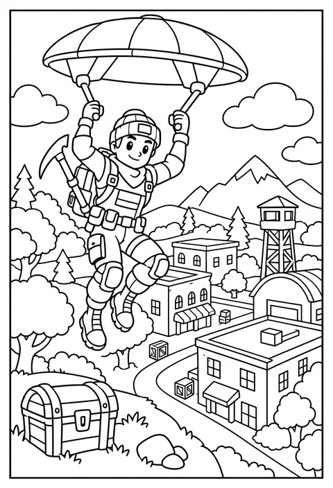 A Fortnite character gliding down under an umbrella-shaped canopy over a small town coloring page