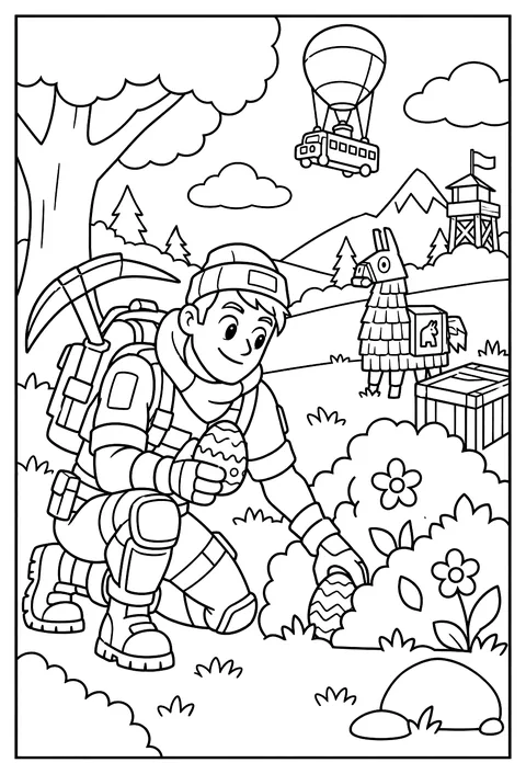 A Fortnite character hiding colorful Easter eggs behind a bush coloring page